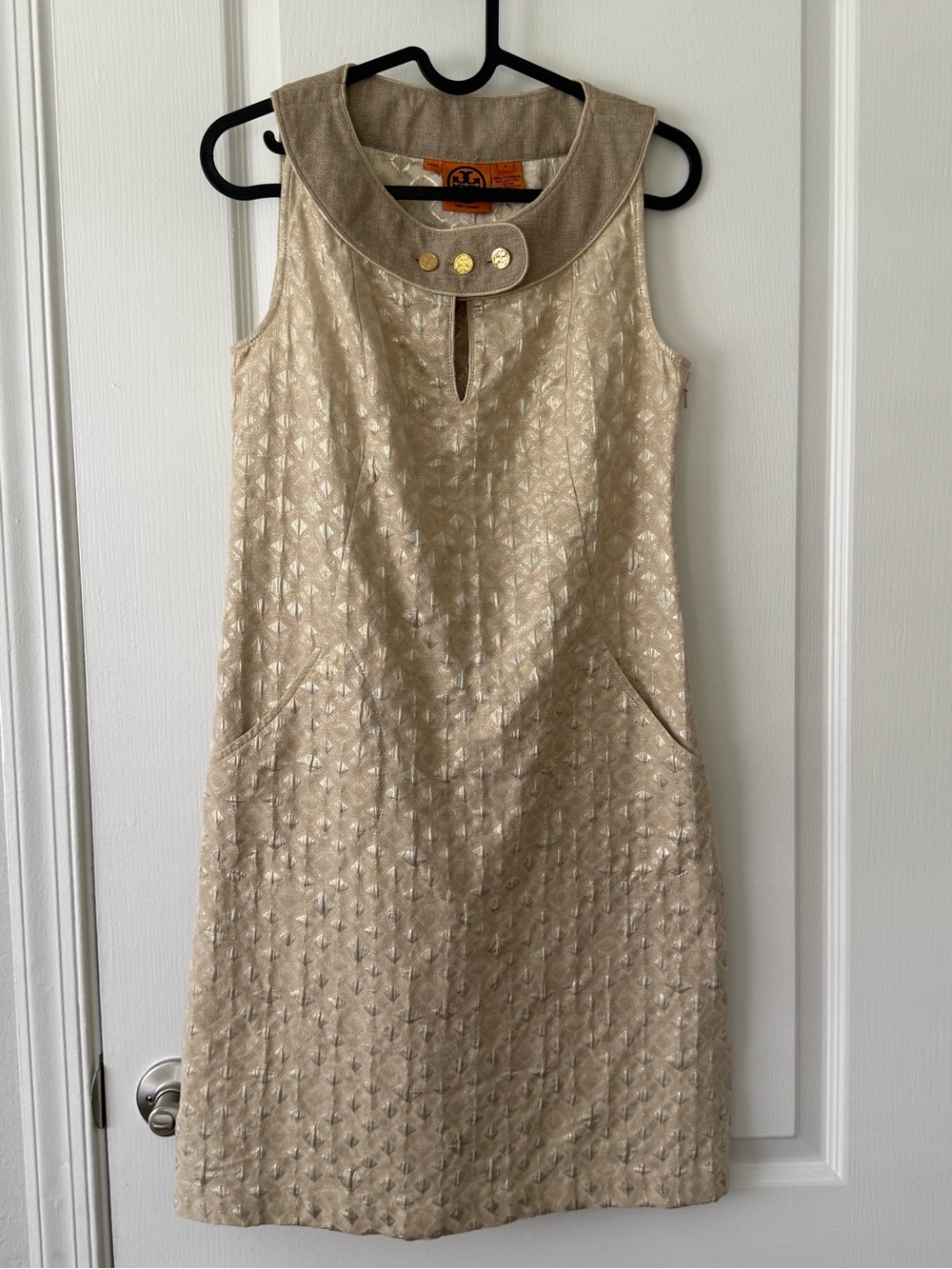 Tory Burch Metallic Champagne Shift Dress with Decorative Collar